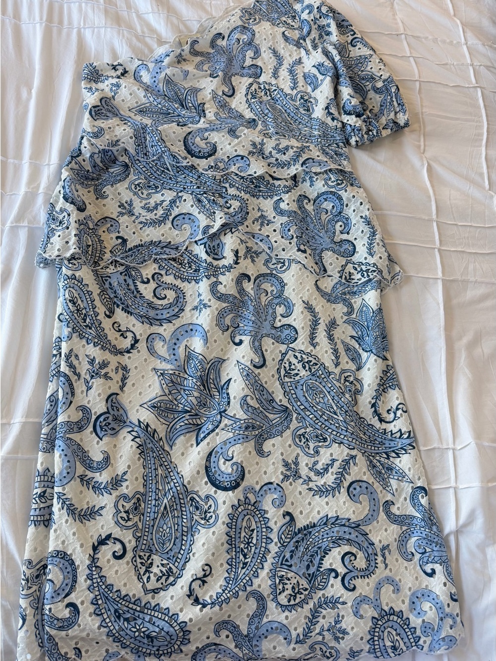 NWOT FARM Rio Blue and White Paisley One-Shoulder Dress